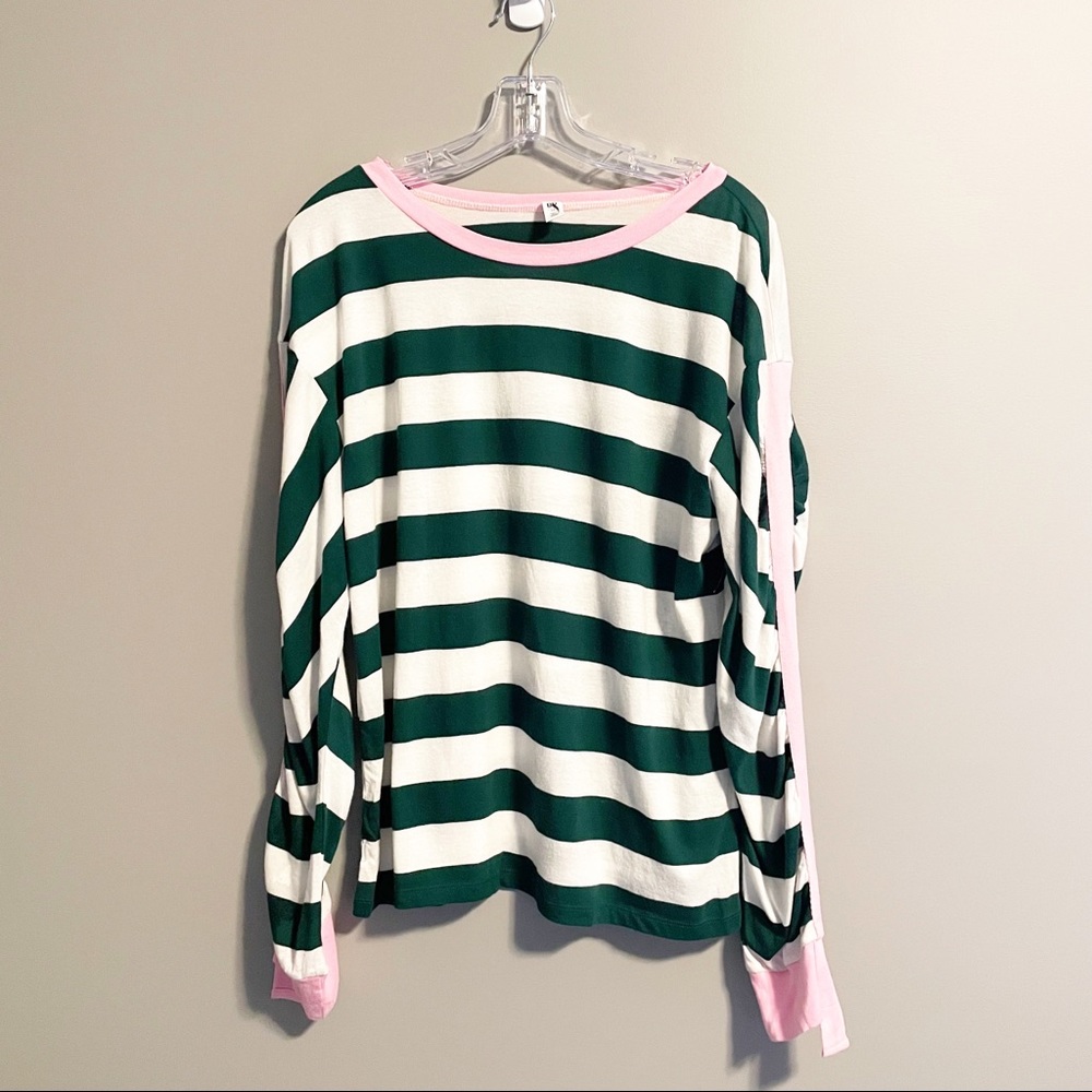 NWOT Green and White Striped Top with Pink - Med